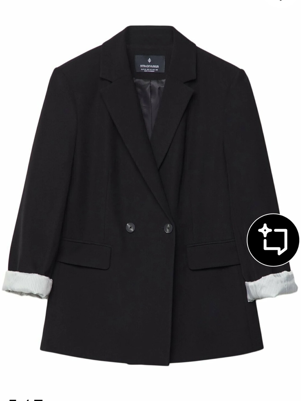 Stradivarius Black Double-Breasted Blazer with Turn-Up Cuffs
